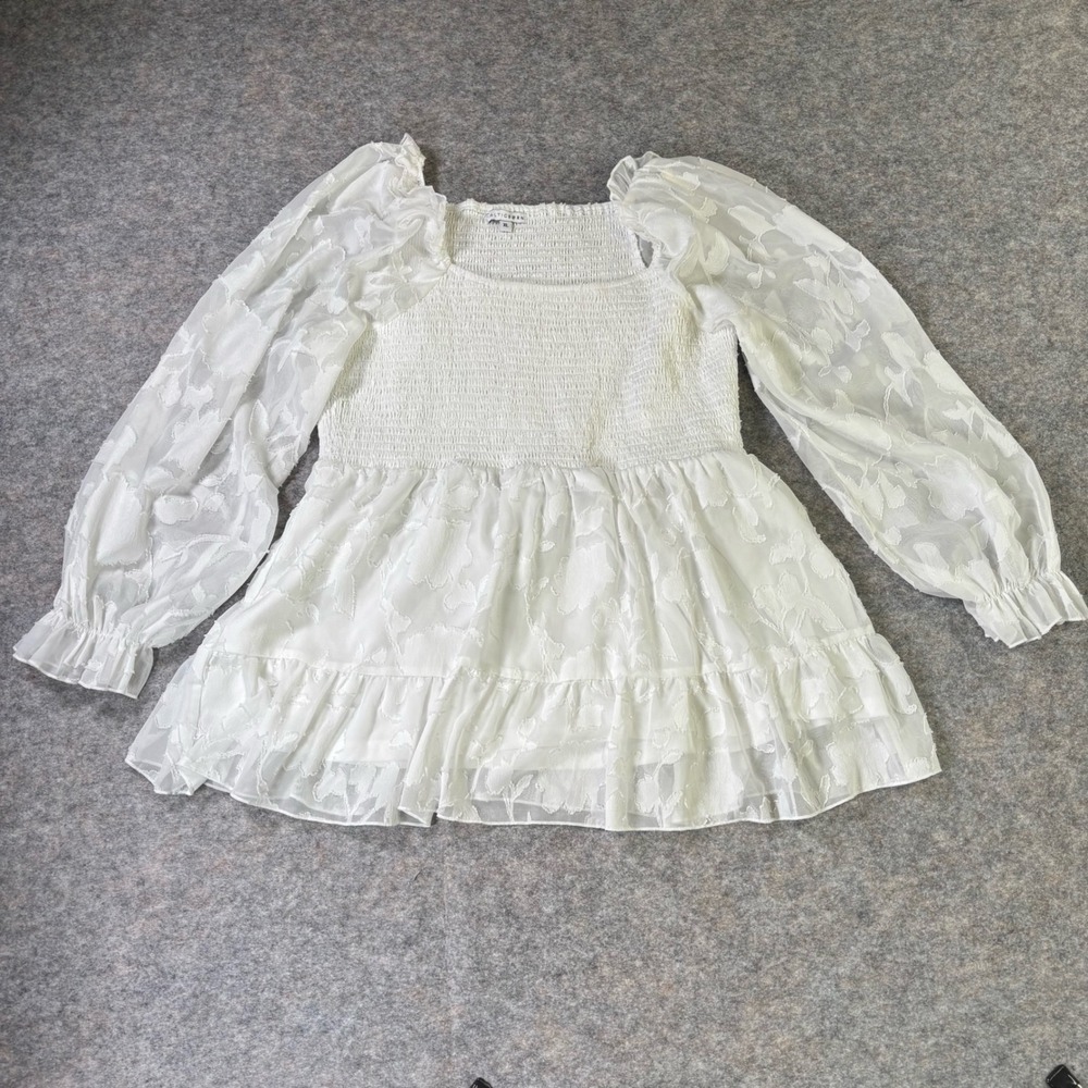 Baltic Born White Smocked Square Neck Puff Sleeve Tiered Ruffle Blouse XL Peplum